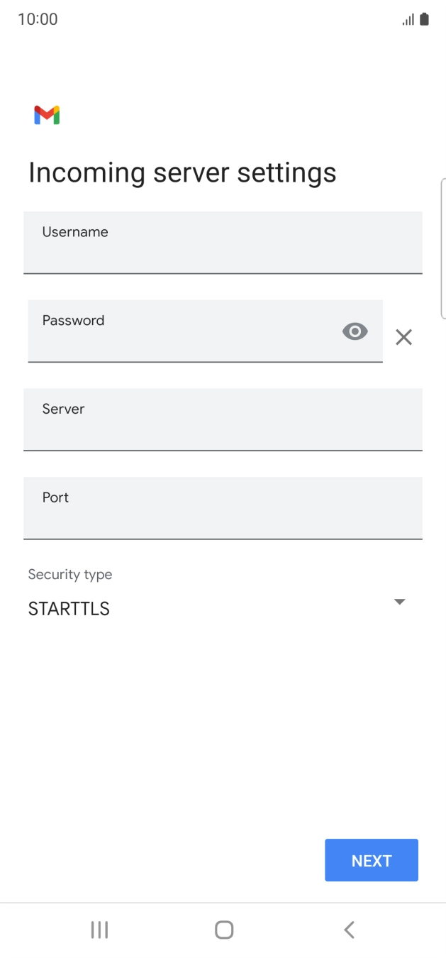 Press the field below 'Username' and key in the username for your email account. Press the field below 'Username' and key in the username for your email account.