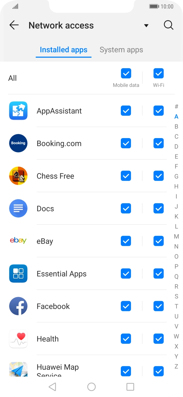 Press the field next to the application name in the 'Mobile data' column to turn the function on or off. Press the field next to the application name in the 'Mobile data' column to turn the function on or off.