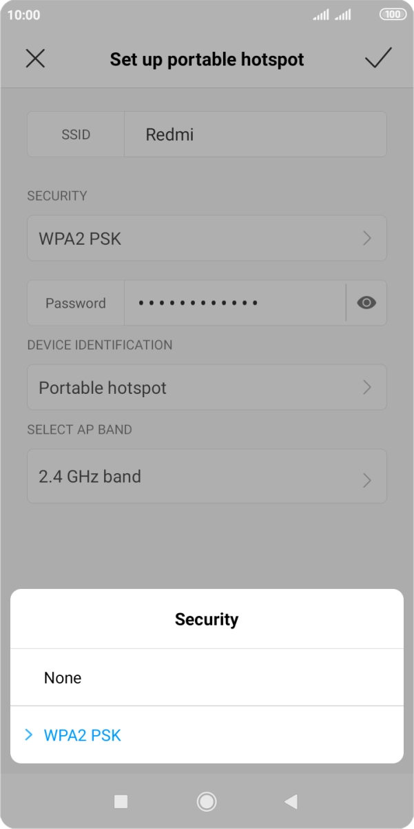 Press WPA2 PSK to password protect your WiFi hotspot.