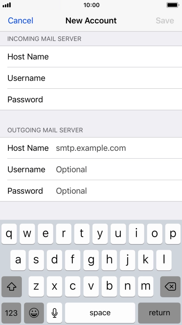 Press Host Name and key in the name of your email provider's outgoing server. Press Host Name and key in the name of your email provider's outgoing server.