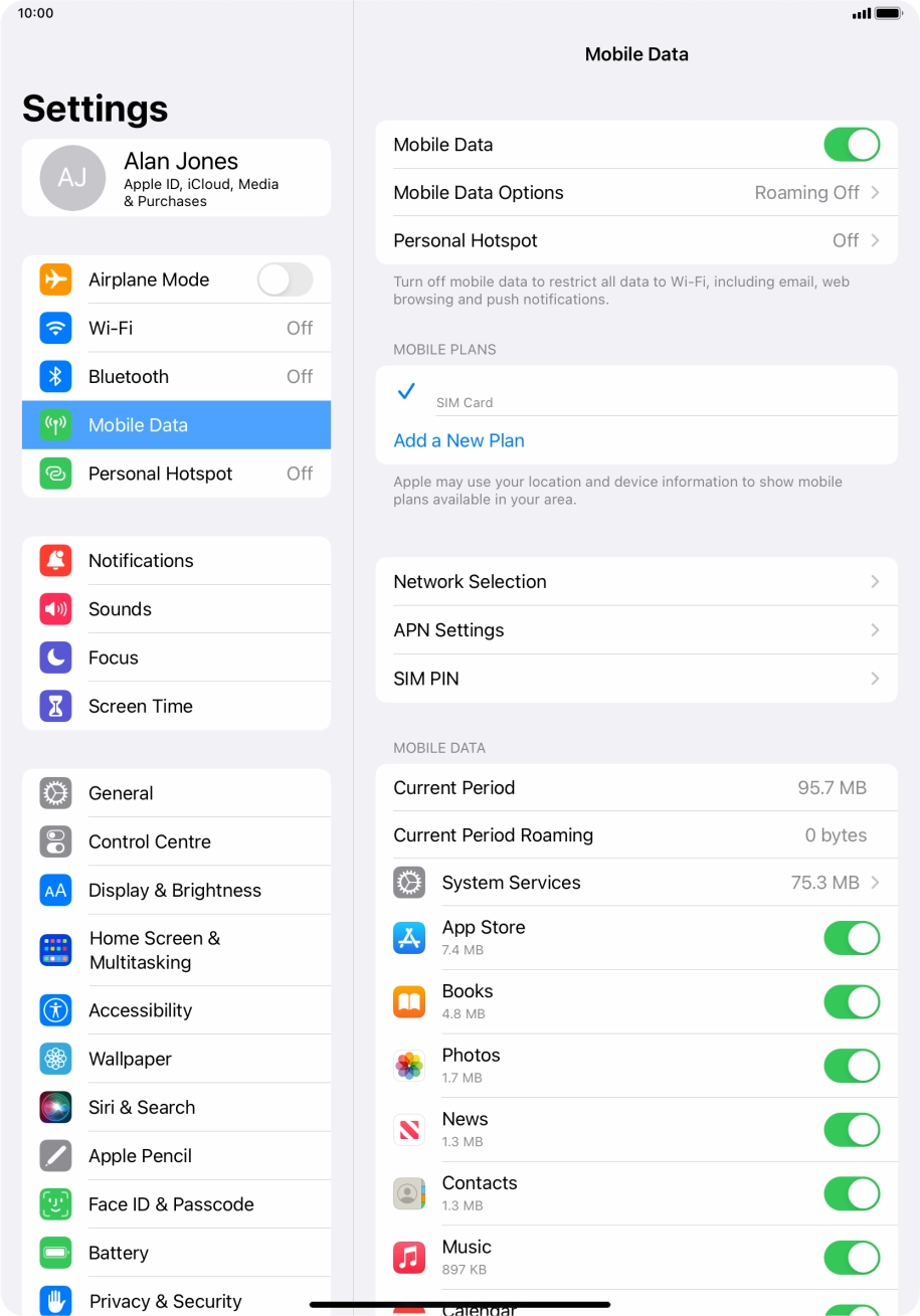 Press the indicator next to 'Mobile Data' to turn the function on or off. Press the indicator next to 'Mobile Data' to turn the function on or off.