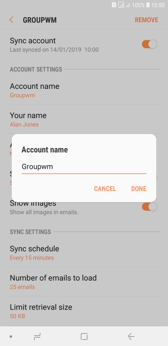 Key in the required name for the email account and press DONE. Key in the required name for the email account and press DONE.
