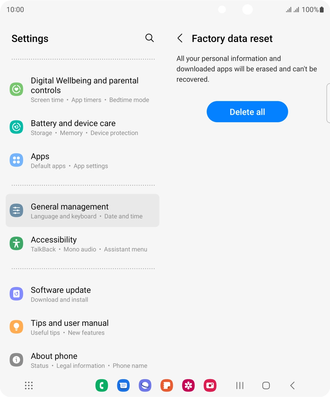 Press Delete all. Wait a moment while the factory default settings are restored. Follow the instructions on the screen to set up your phone and prepare it for use.