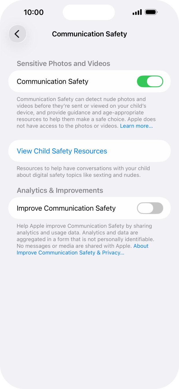 Press the indicator next to 'Communication Safety' to turn the function on or off. Press the indicator next to 'Communication Safety' to turn the function on or off.