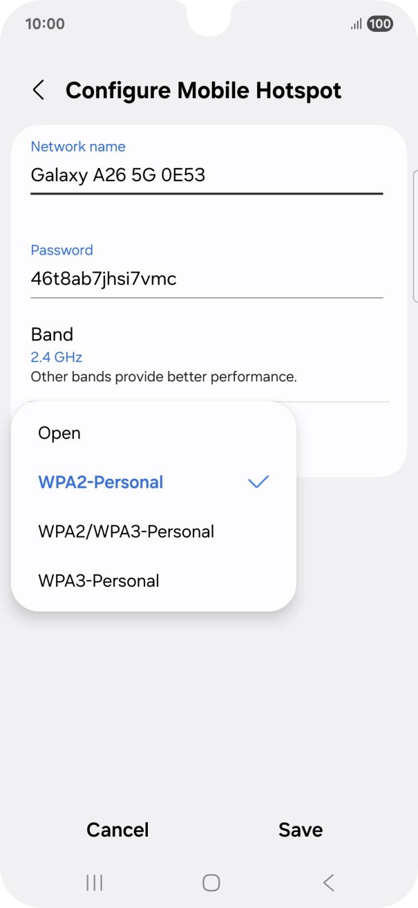 Press WPA3-Personal to password protect your WiFi hotspot. Press WPA3-Personal to password protect your WiFi hotspot.