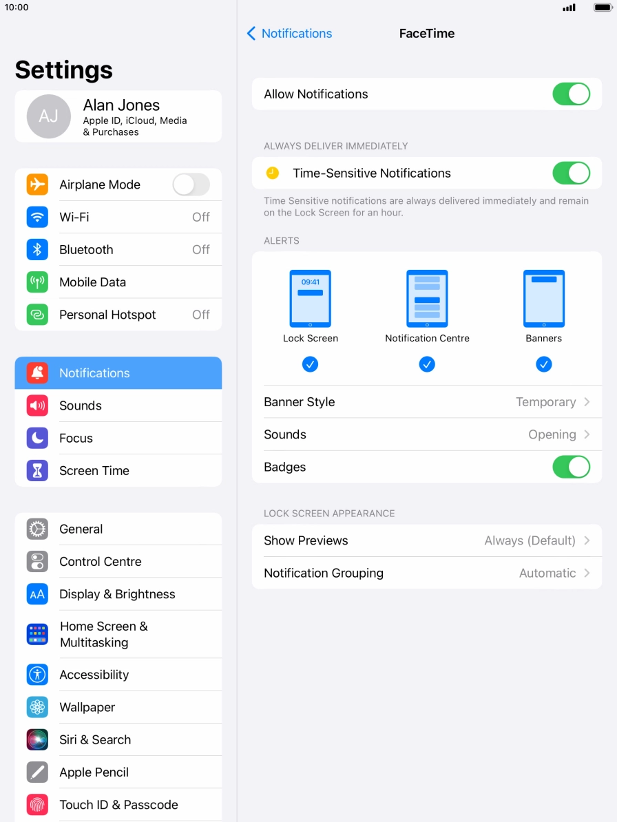 Press the indicator next to 'Allow Notifications' to turn notifications for the selected application on or off. Press the indicator next to 'Allow Notifications' to turn notifications for the selected application on or off.