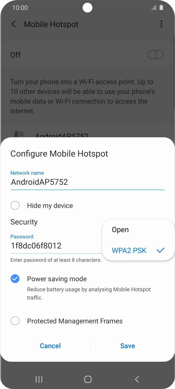 Press WPA2 PSK to password protect your WiFi hotspot. Press WPA2 PSK to password protect your WiFi hotspot.