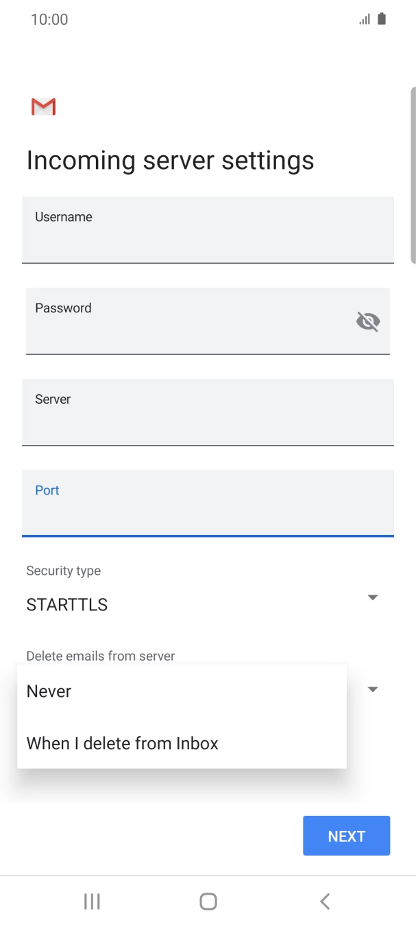 Press Never to keep emails on the server when you delete them on your phone. Press Never to keep emails on the server when you delete them on your phone.
