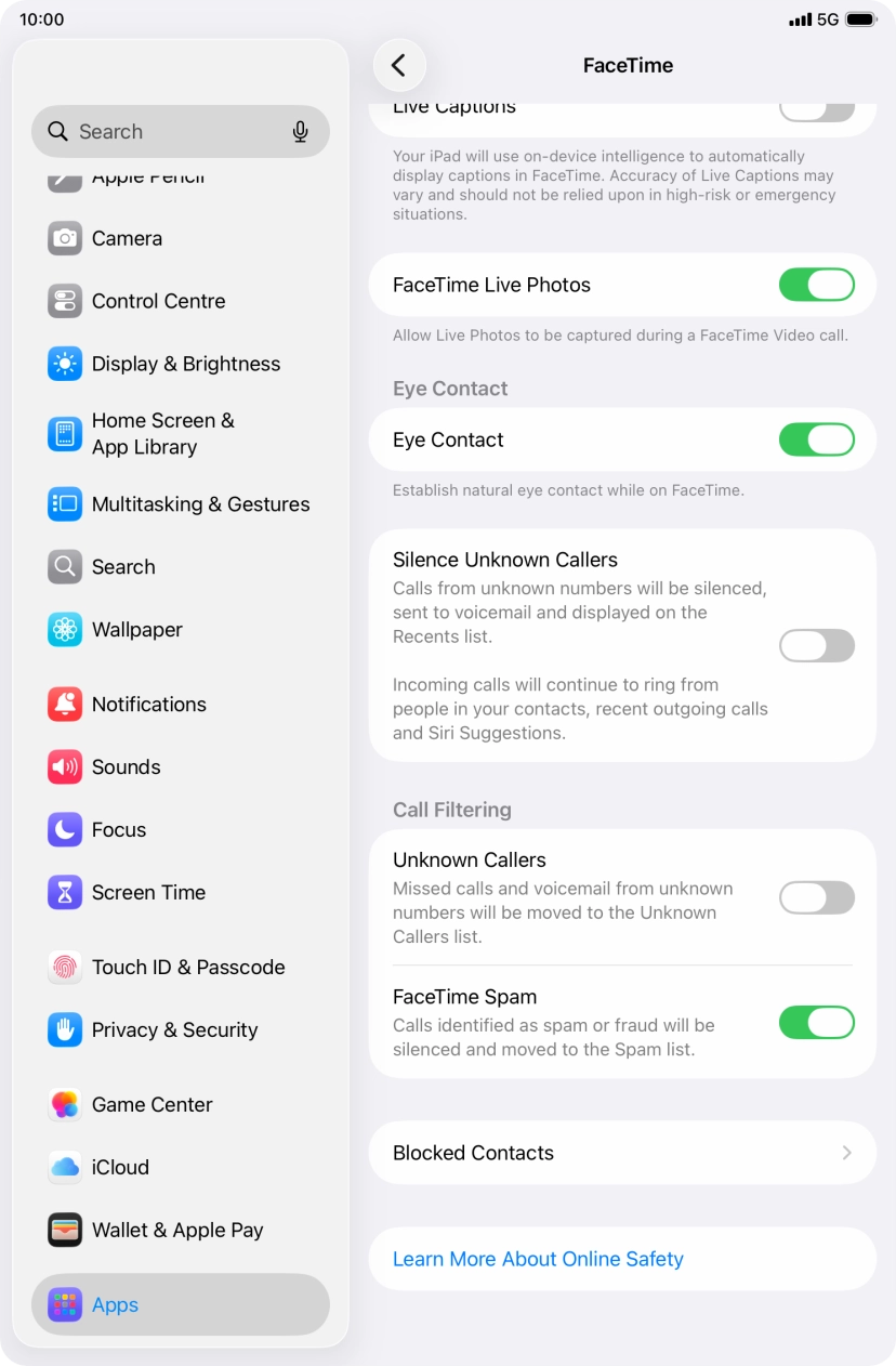 Press the indicator next to 'Eye Contact' to turn the function on or off. Press the indicator next to 'Eye Contact' to turn the function on or off.