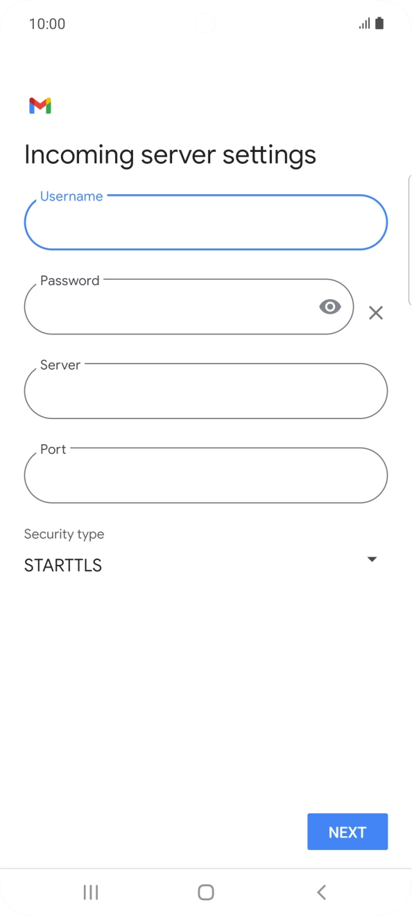 Press the field below 'Server' and key in the name of your email provider's incoming server. Press the field below 'Server' and key in the name of your email provider's incoming server.