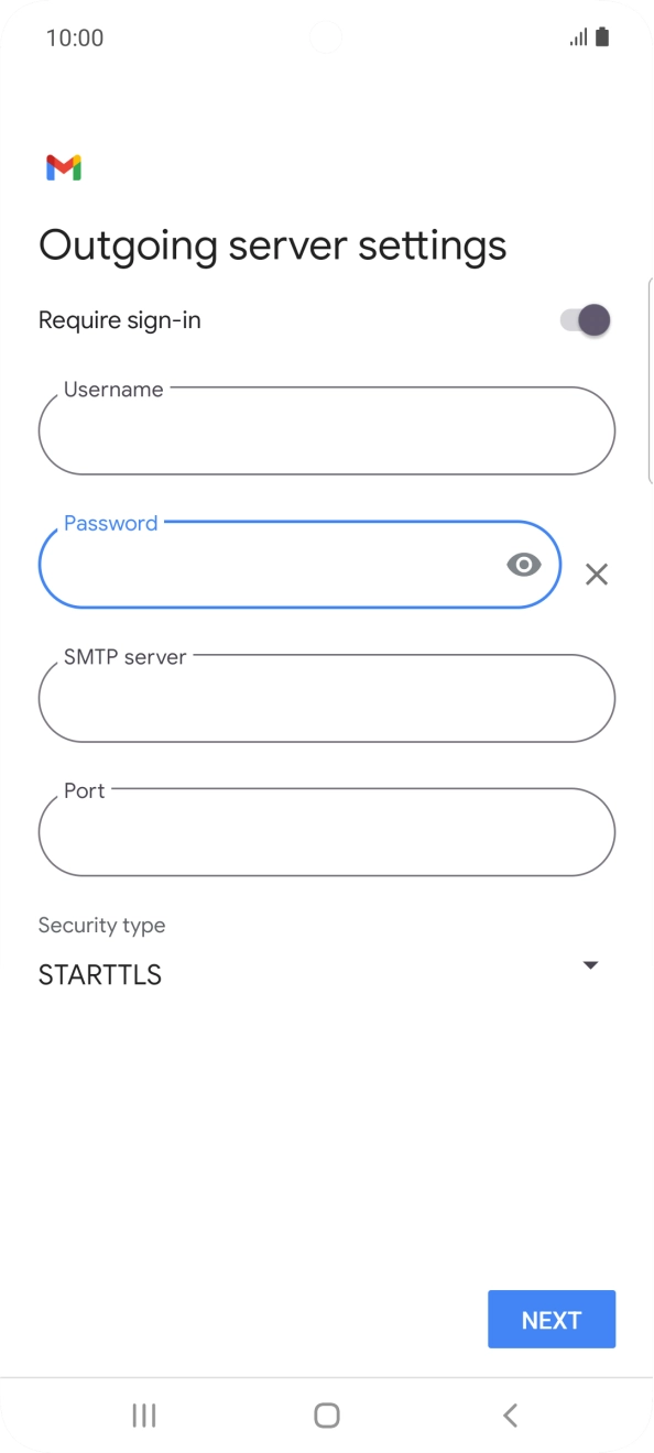 Press the field below 'SMTP server' and key in the name of your email provider's outgoing server. Press the field below 'SMTP server' and key in the name of your email provider's outgoing server.