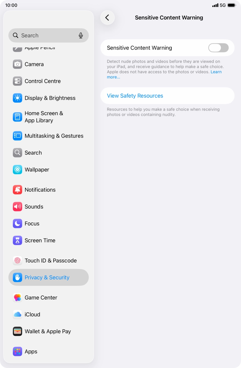 Press the indicator next to 'Sensitive Content Warning' to turn the function on or off. Press the indicator next to 'Sensitive Content Warning' to turn the function on or off.