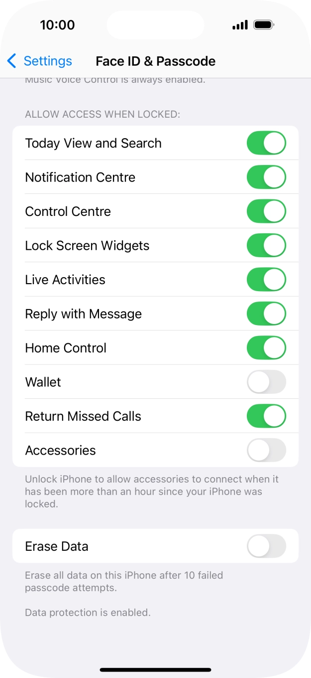Press the indicator next to 'Erase Data' to turn the function on or off.