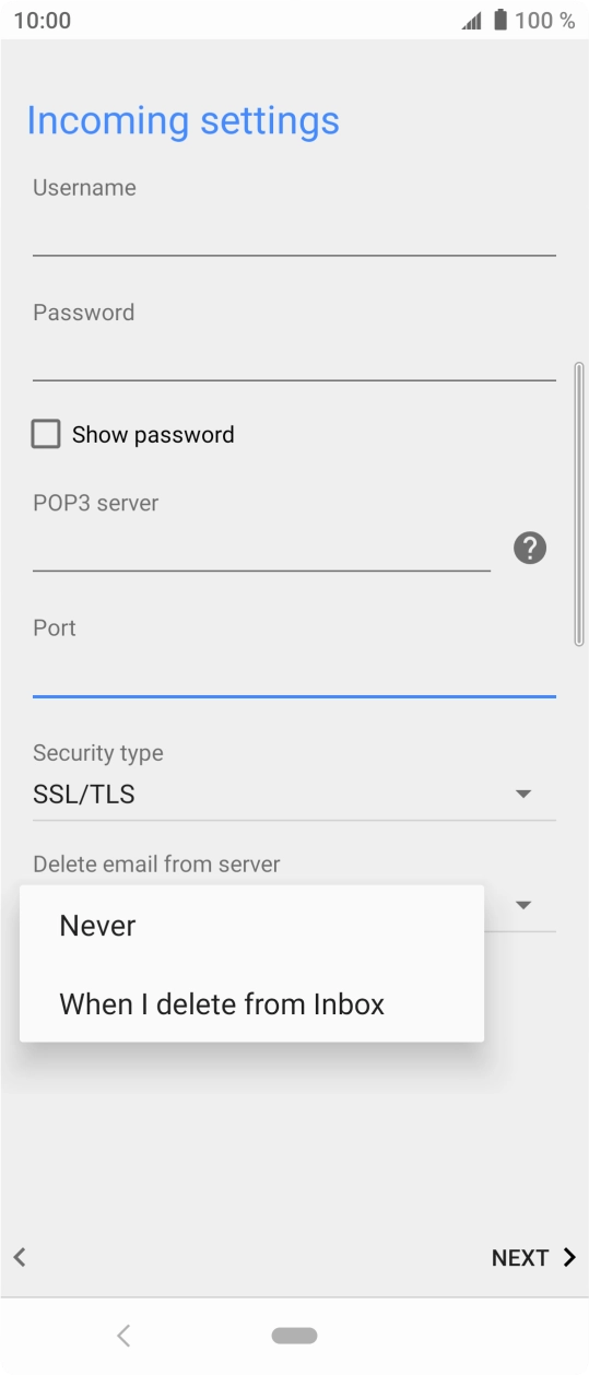 Press Never to keep emails on the server when you delete them on your phone.