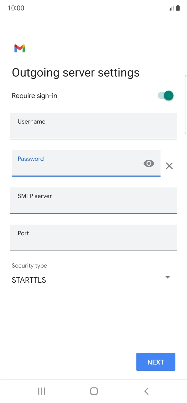 Press the field below 'SMTP server' and key in the name of your email provider's outgoing server. Press the field below 'SMTP server' and key in the name of your email provider's outgoing server.