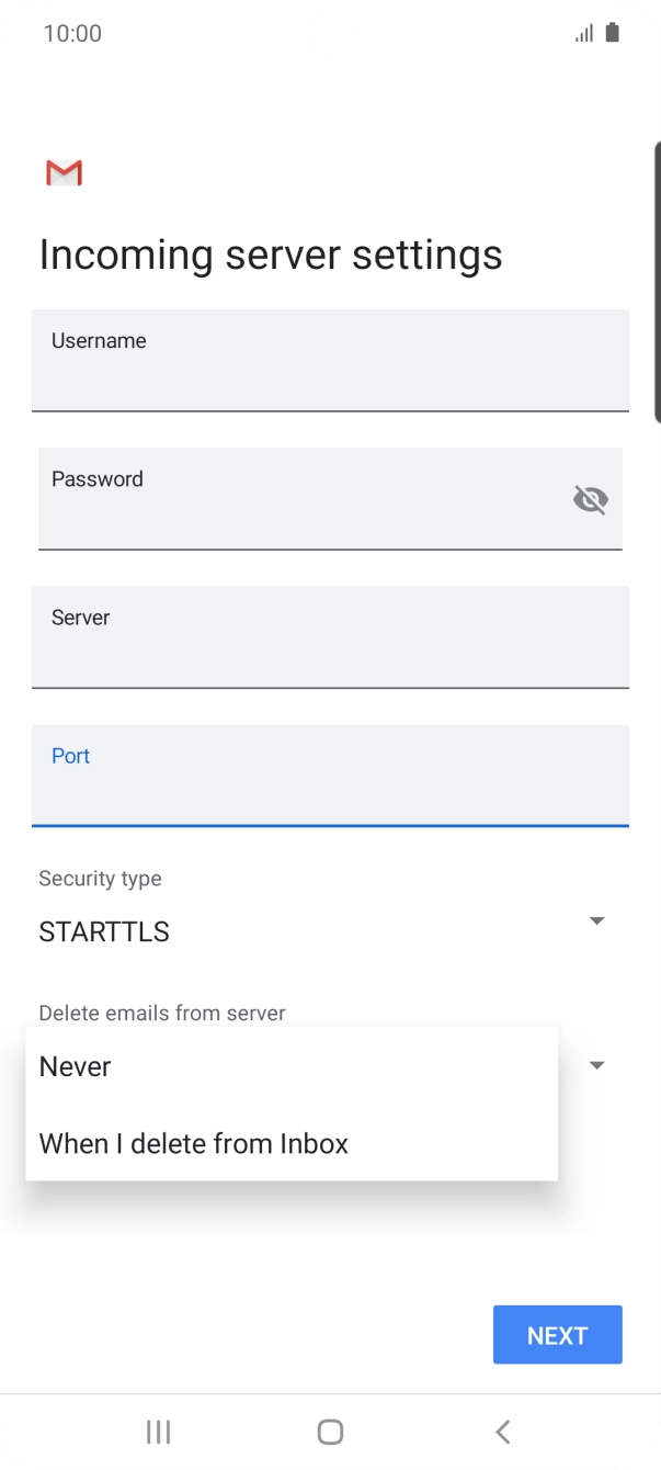 Press Never to keep emails on the server when you delete them on your phone. Press Never to keep emails on the server when you delete them on your phone.