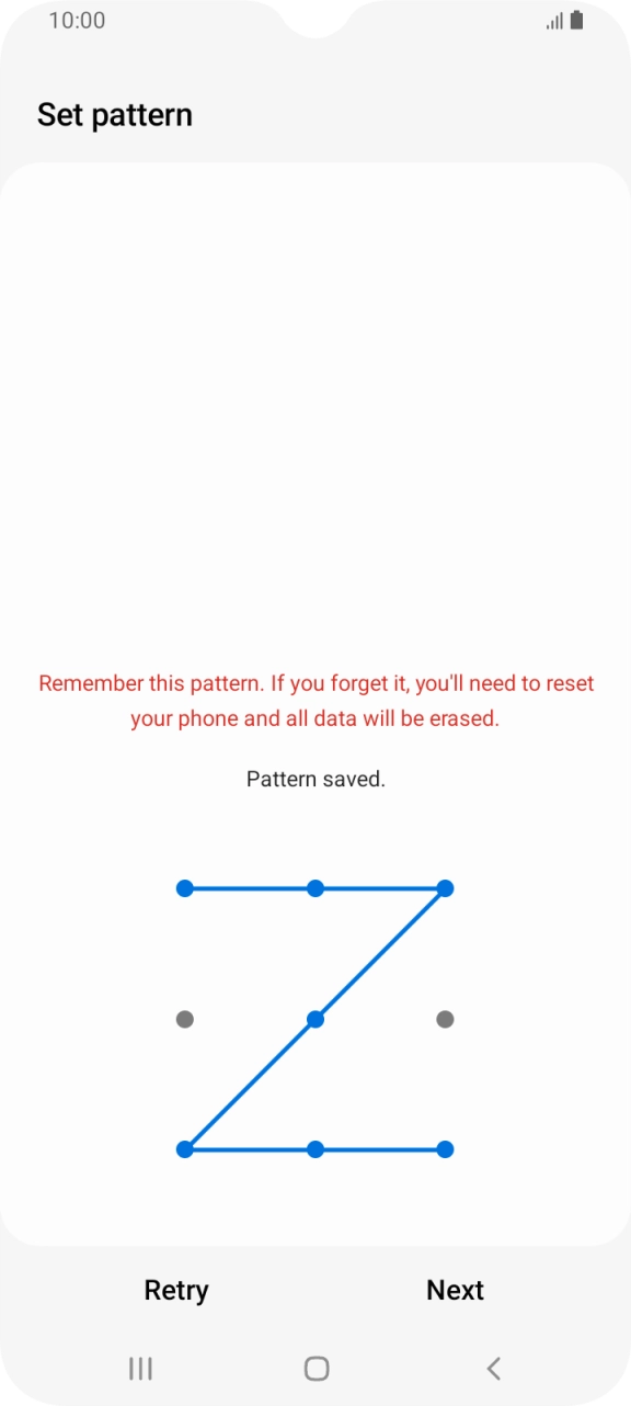 Slide your finger across the screen to connect at least four points and press Next. Slide your finger across the screen to connect at least four points and press Next.