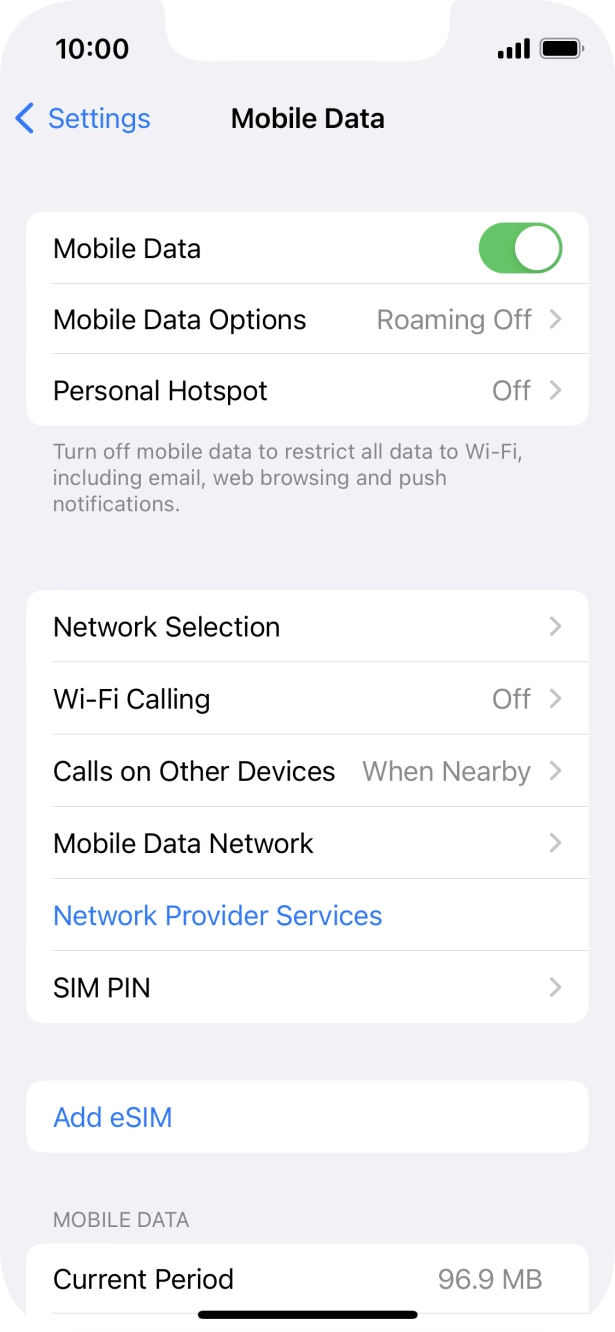 Press the indicator next to 'Mobile Data' to turn the function on or off.