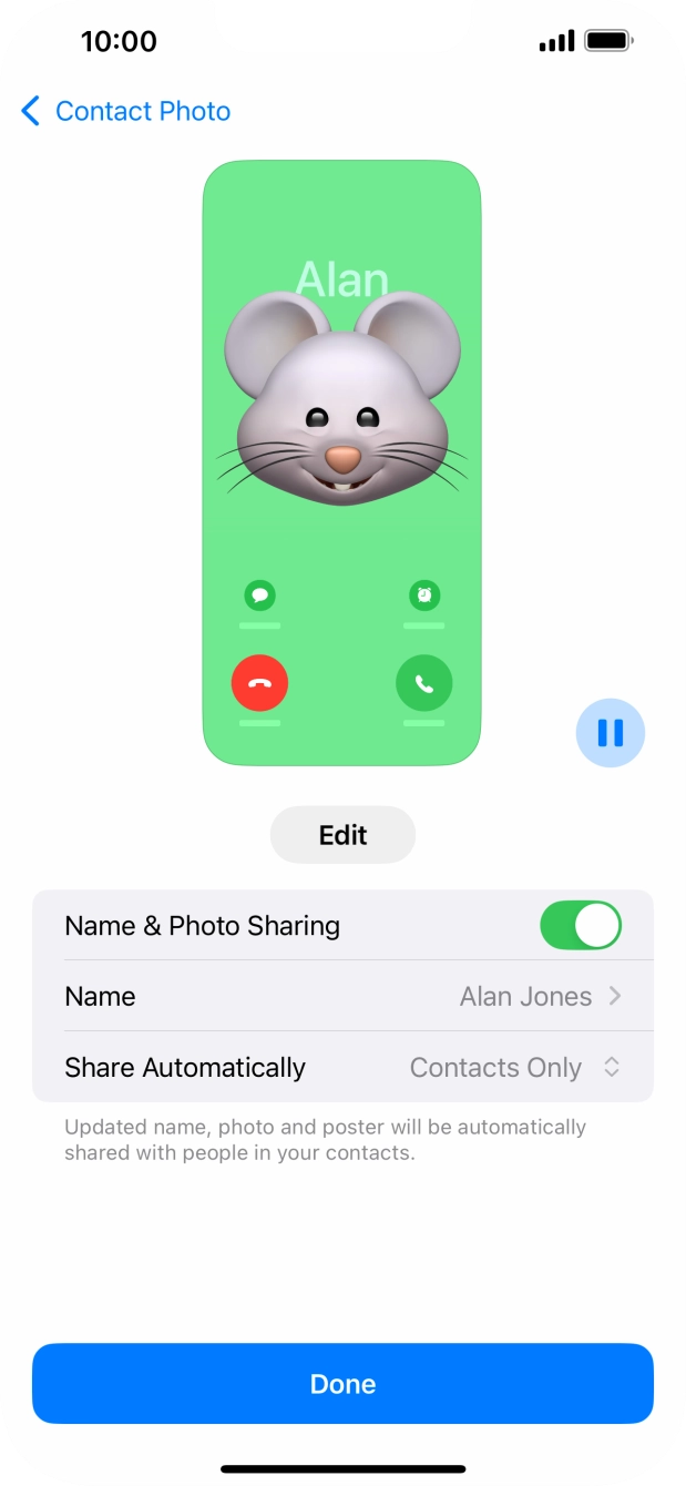 Press the indicator next to 'Name & Photo Sharing' to turn the function on or off.