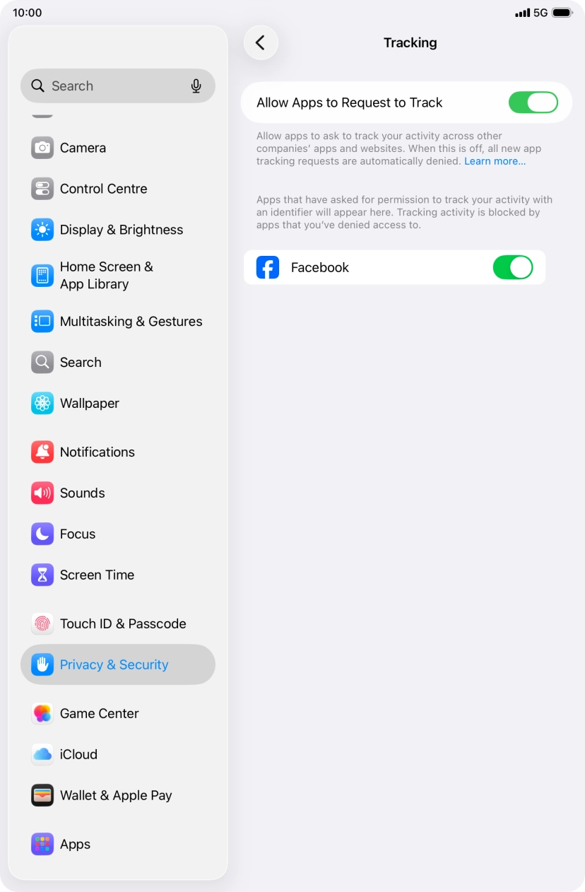 Press the indicator next to 'Allow Apps to Request to Track' to turn the function on or off.