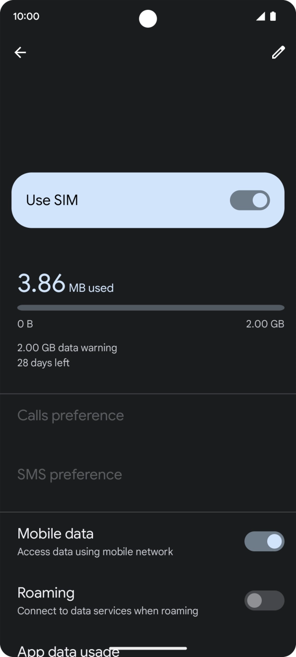 Press the indicator next to 'Mobile data' to turn the function on or off.