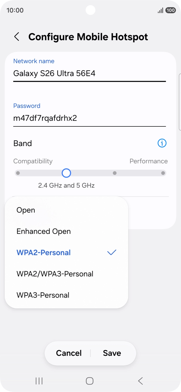 Press WPA3-Personal to password protect your WiFi hotspot. Press WPA3-Personal to password protect your WiFi hotspot.