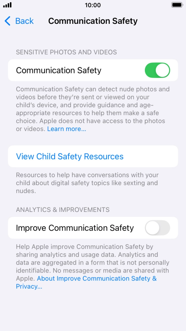 Press the indicator next to 'Communication Safety' to turn the function on or off. Press the indicator next to 'Communication Safety' to turn the function on or off.