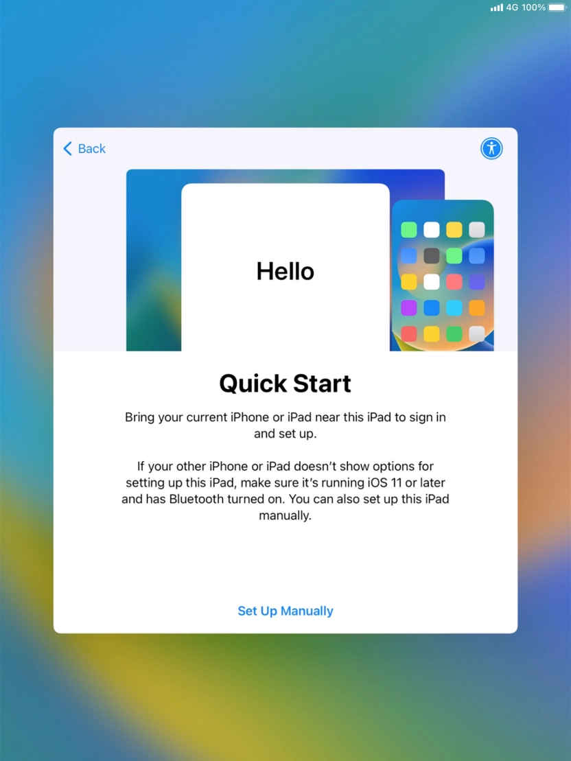 Follow the instructions on the screen to transfer content from another device running iOS 11 or later or press Set Up Manually. Follow the instructions on the screen to transfer content from another device running iOS 11 or later or press Set Up Manually.