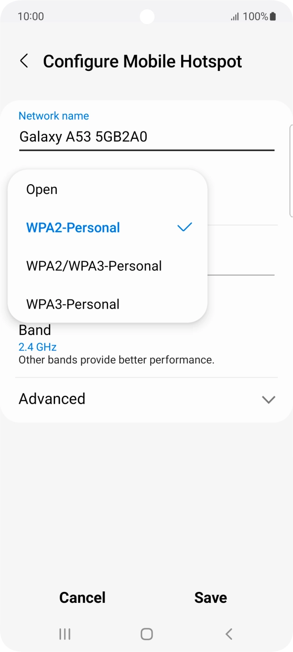 Press WPA3-Personal to password protect your WiFi hotspot. Press WPA3-Personal to password protect your WiFi hotspot.