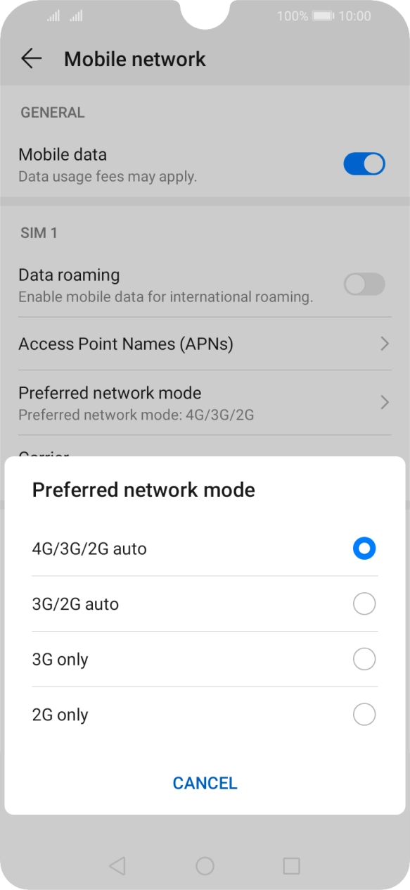 Press the required network mode.