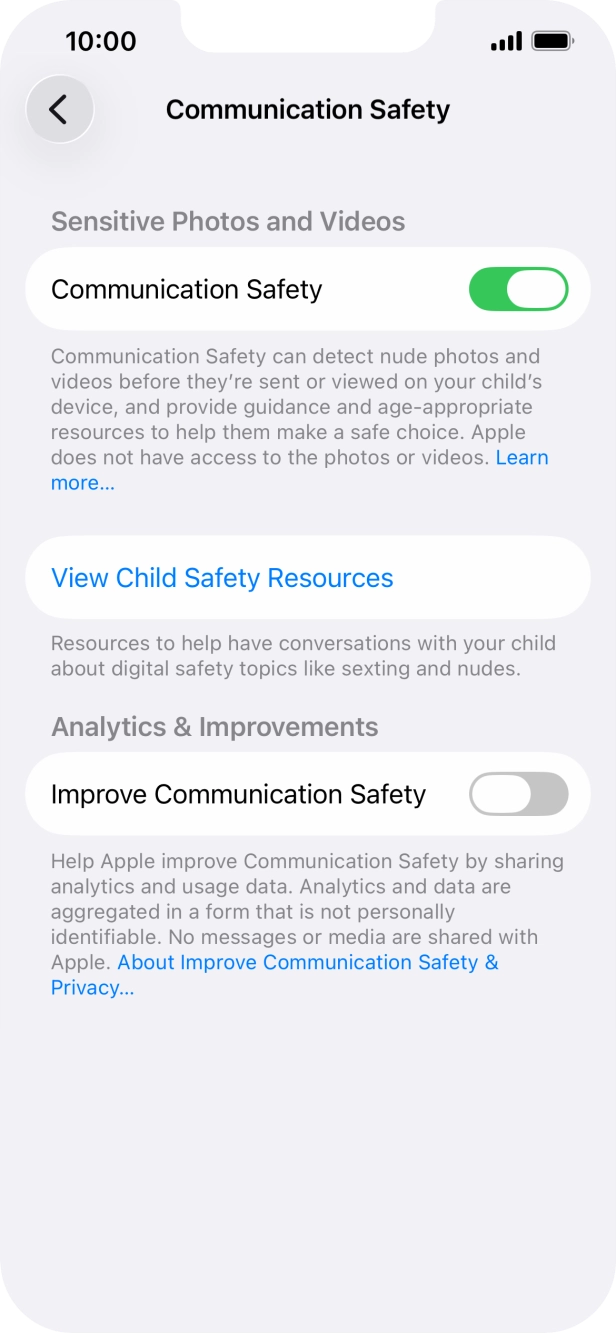 Press the indicator next to 'Communication Safety' to turn the function on or off. Press the indicator next to 'Communication Safety' to turn the function on or off.
