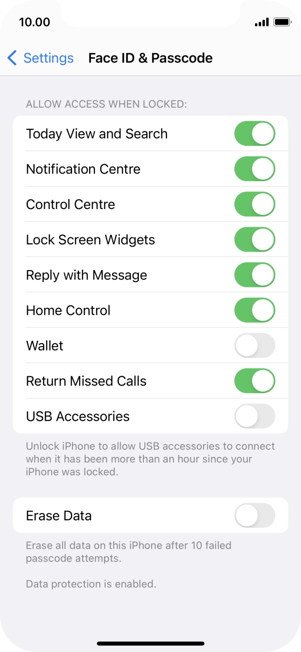Press the indicator next to 'Erase Data' to turn the function on or off.