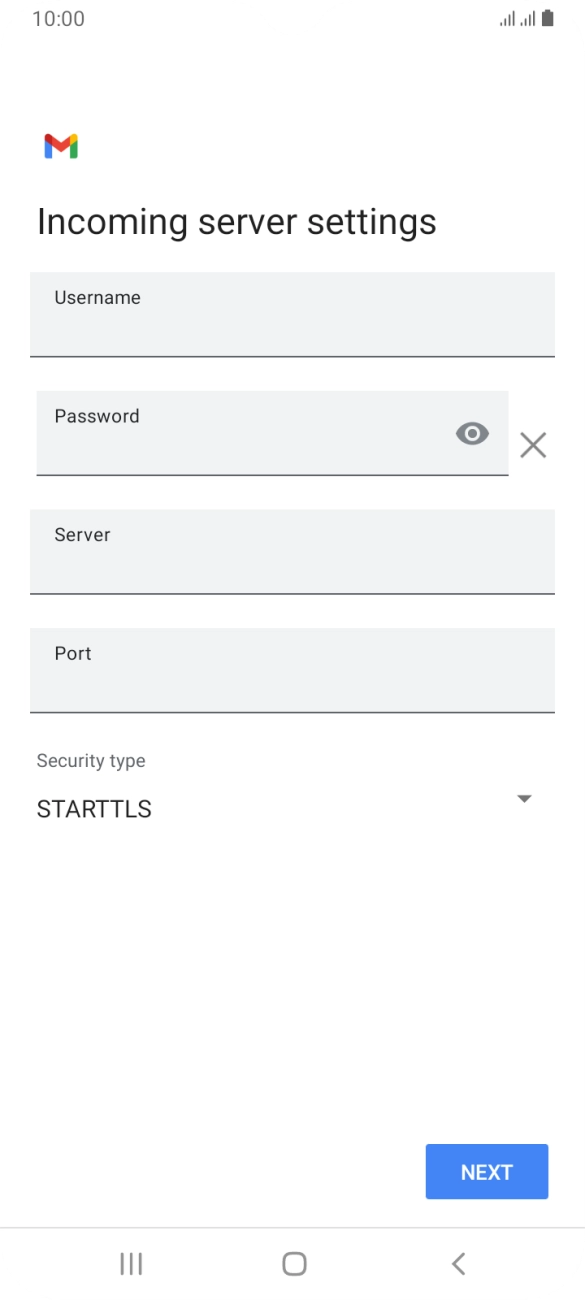 Press the field below 'Username' and key in the username for your email account. Press the field below 'Username' and key in the username for your email account.