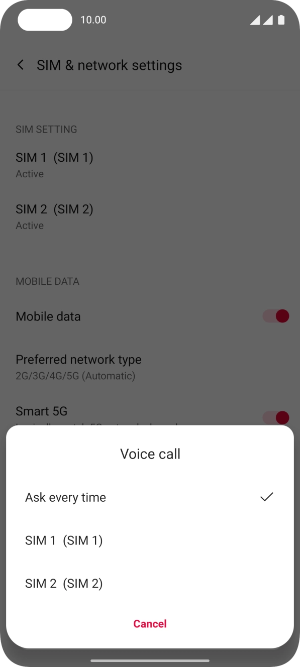 Press the required setting.