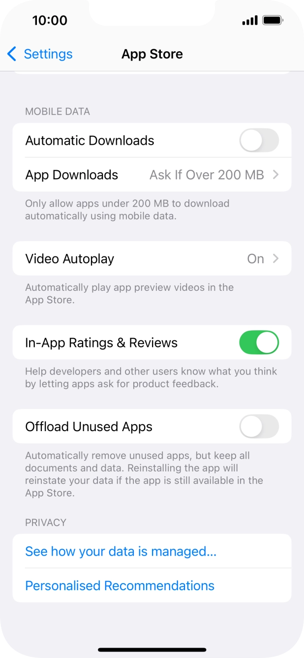 Press the indicator next to 'Offload Unused Apps' to turn the function on or off. Press the indicator next to 'Offload Unused Apps' to turn the function on or off.