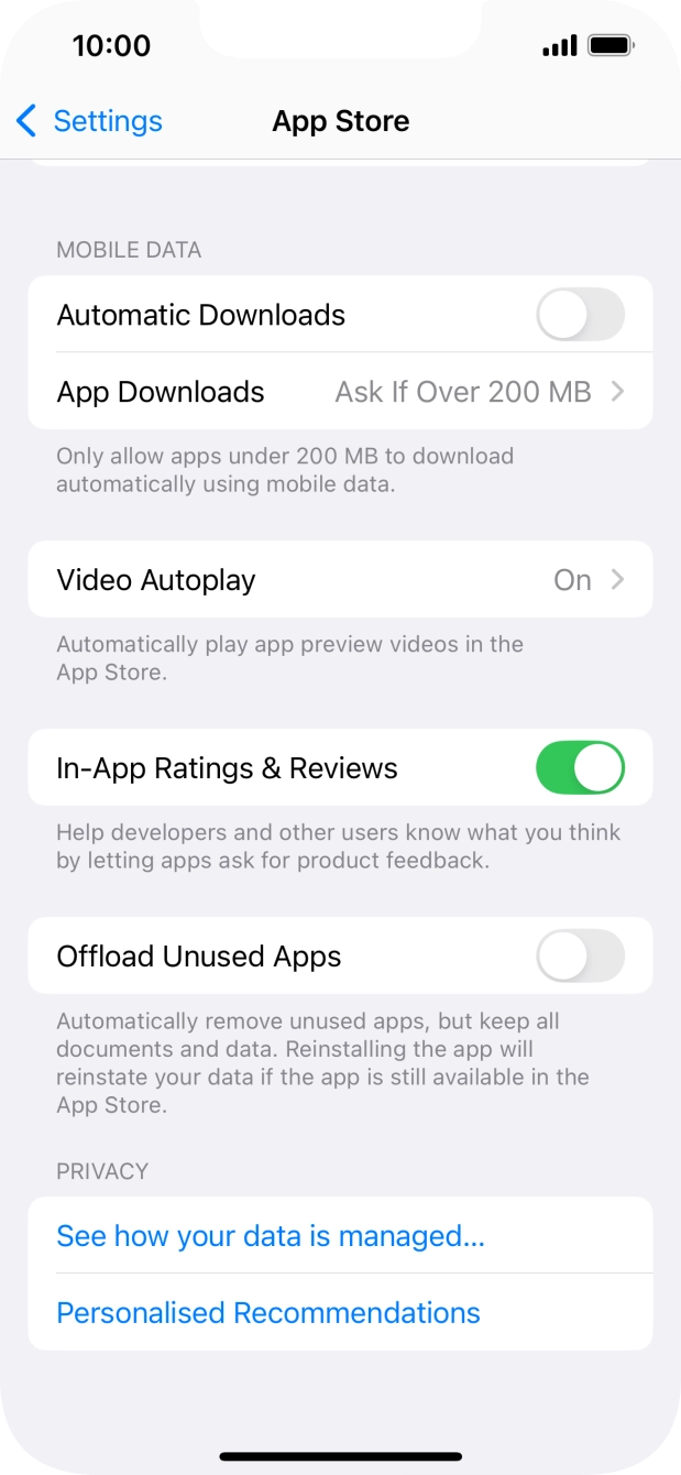 Press the indicator next to 'Offload Unused Apps' to turn the function on or off. Press the indicator next to 'Offload Unused Apps' to turn the function on or off.
