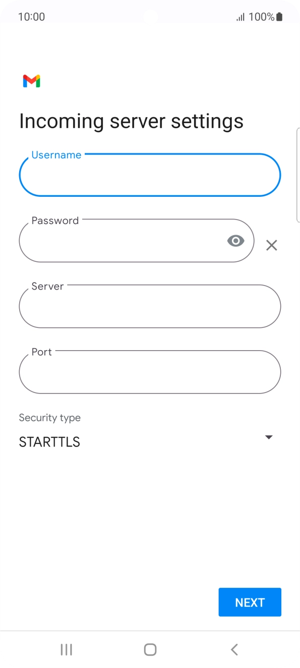 Press the field below 'Server' and key in the name of your email provider's incoming server. Press the field below 'Server' and key in the name of your email provider's incoming server.