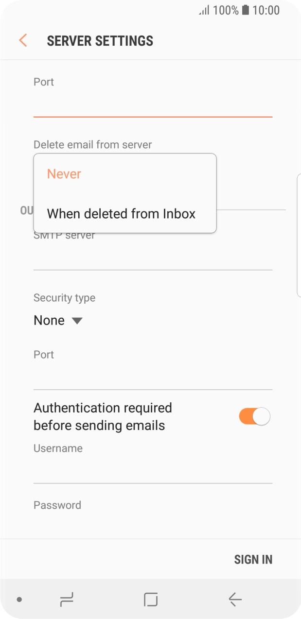Press Never to keep emails on the server when you delete them on your phone. Press Never to keep emails on the server when you delete them on your phone.
