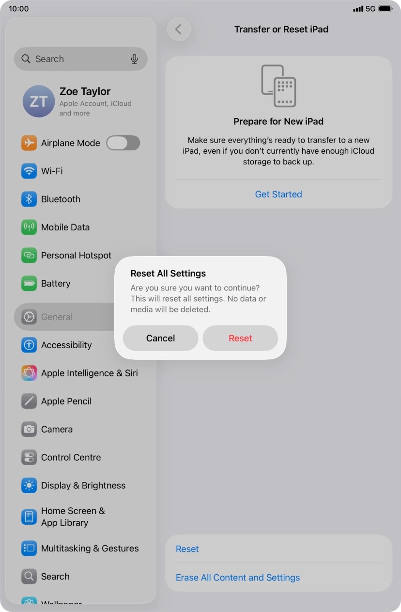 Press Reset. Wait a moment while the factory settings are restored. Follow the instructions on the screen to set up your tablet and prepare it for use.