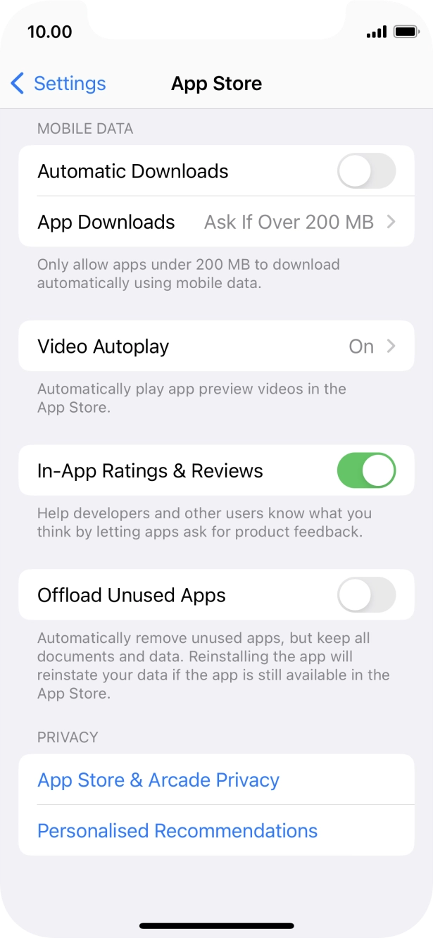 Press the indicator next to 'Offload Unused Apps' to turn the function on or off. Press the indicator next to 'Offload Unused Apps' to turn the function on or off.