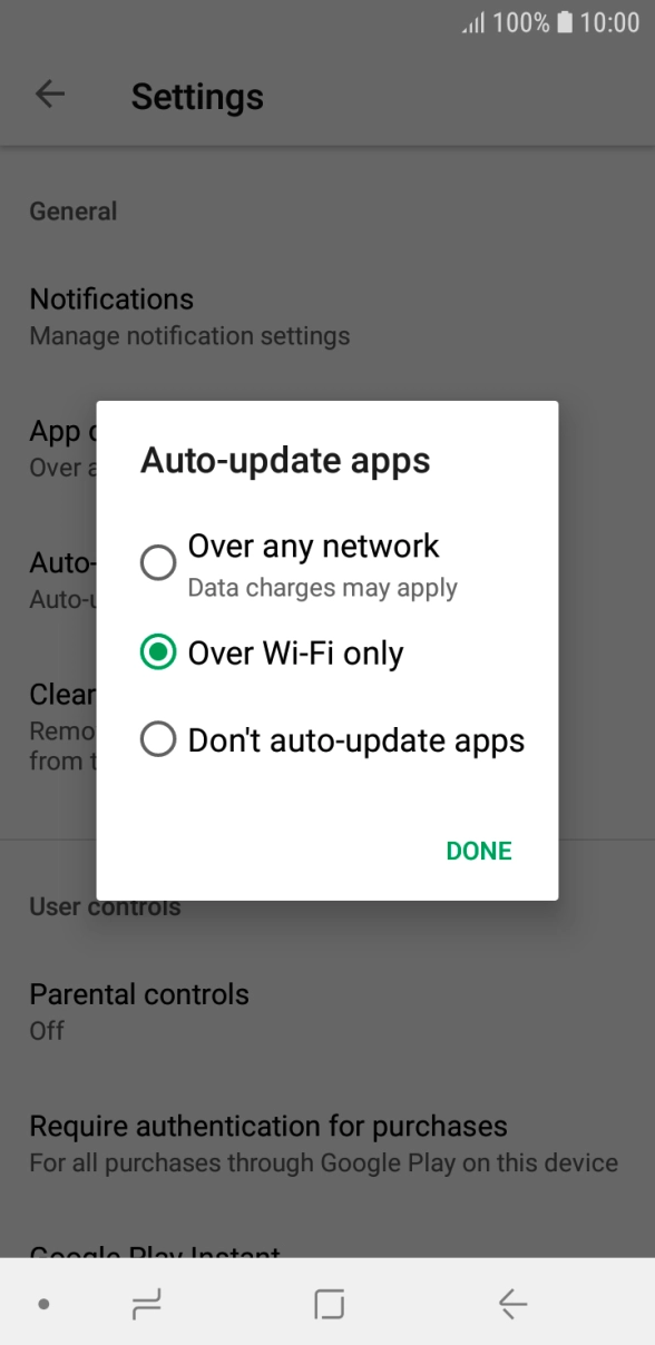To turn on automatic update of apps using mobile network, press Over any network Data charges may apply. To turn on automatic update of apps using mobile network, press Over any network Data charges may apply.