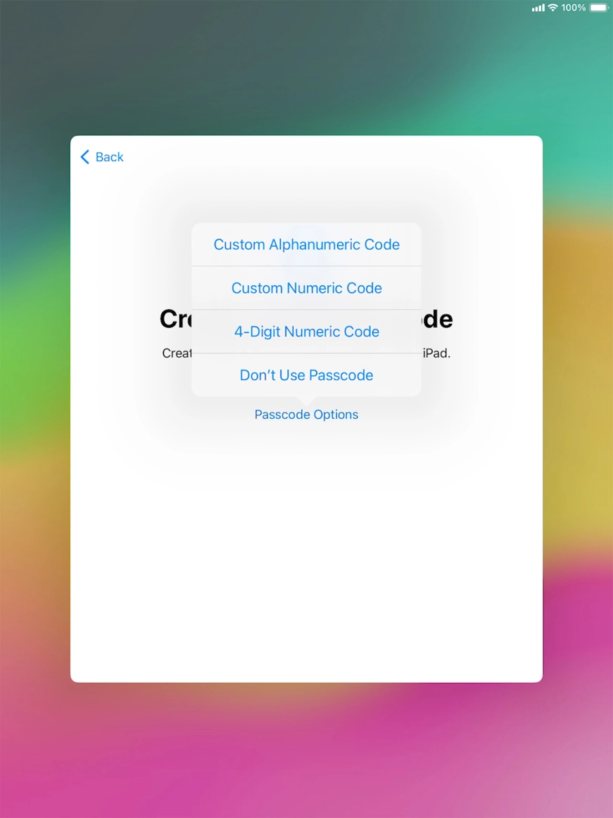 Follow the instructions on the screen to turn on the lock code or press Don't Use Passcode. Follow the instructions on the screen to turn on the lock code or press Don't Use Passcode.
