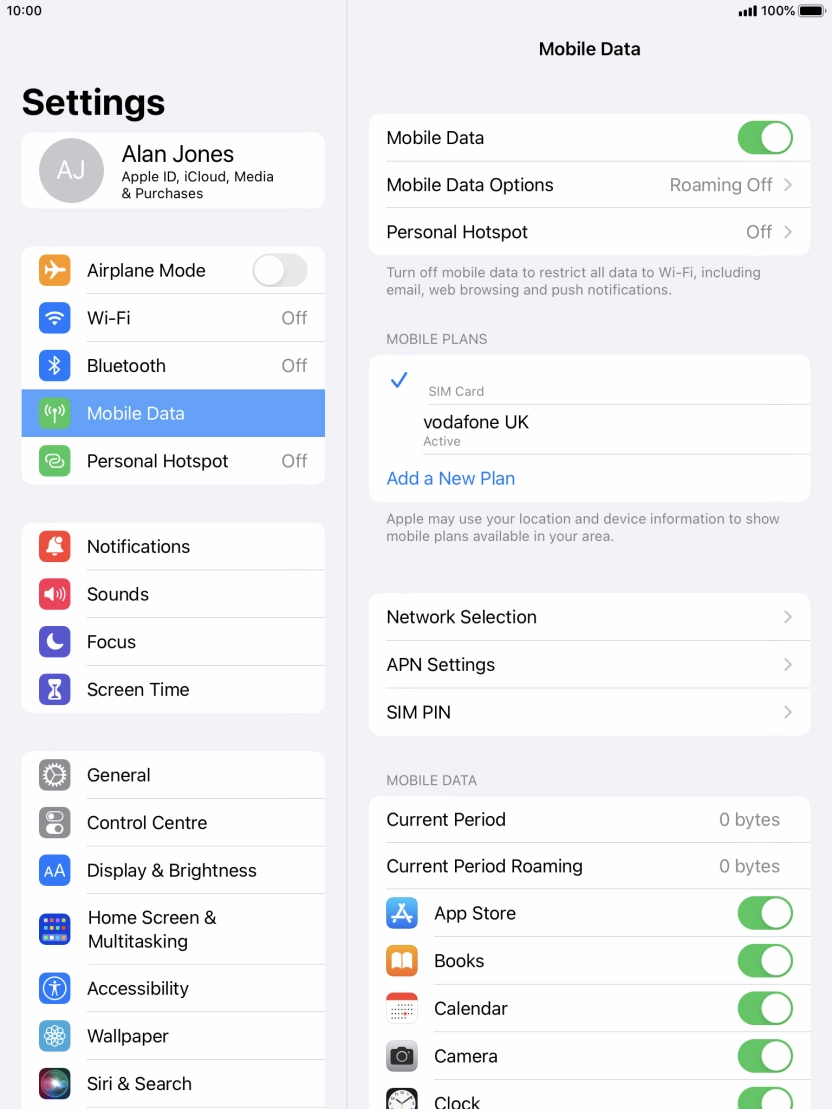 Press the indicator next to 'Mobile Data' to turn the function on or off. Press the indicator next to 'Mobile Data' to turn the function on or off.