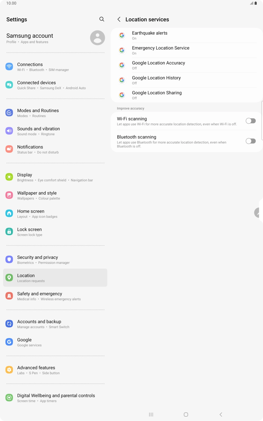 Press Google Location Accuracy. Press Google Location Accuracy.