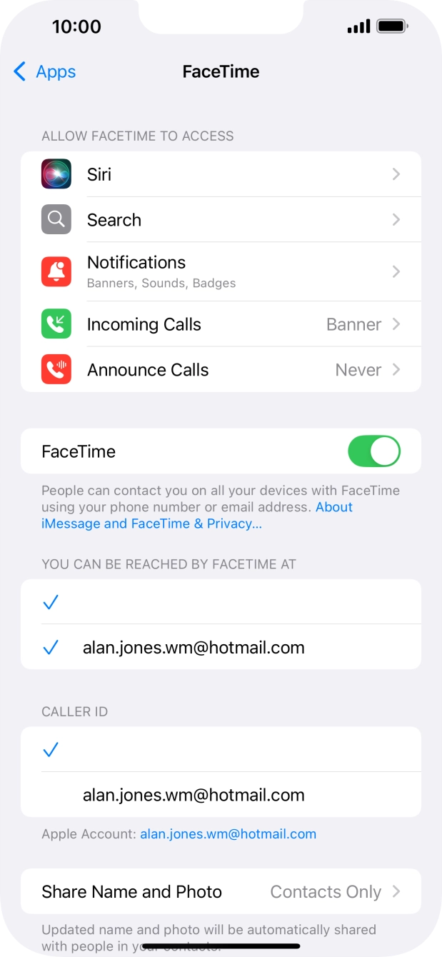 Press the indicator next to 'FaceTime' to turn the function on or off.