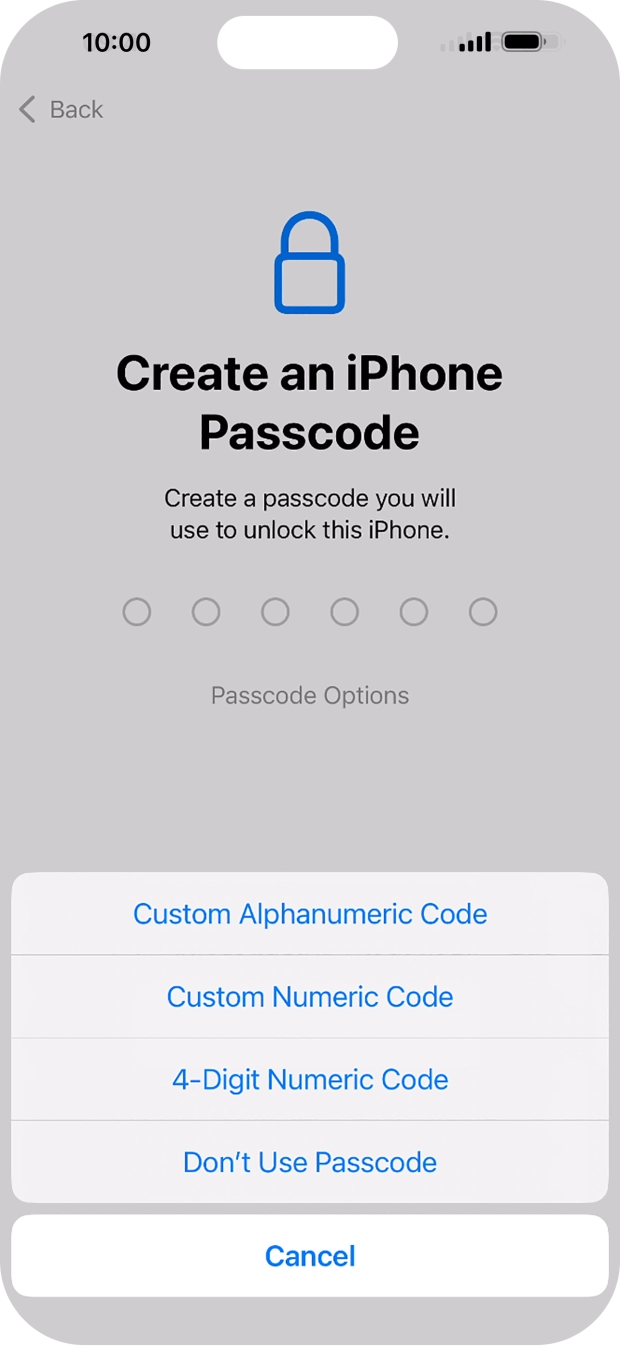 Follow the instructions on the screen to turn on the lock code or press Don't Use Passcode.