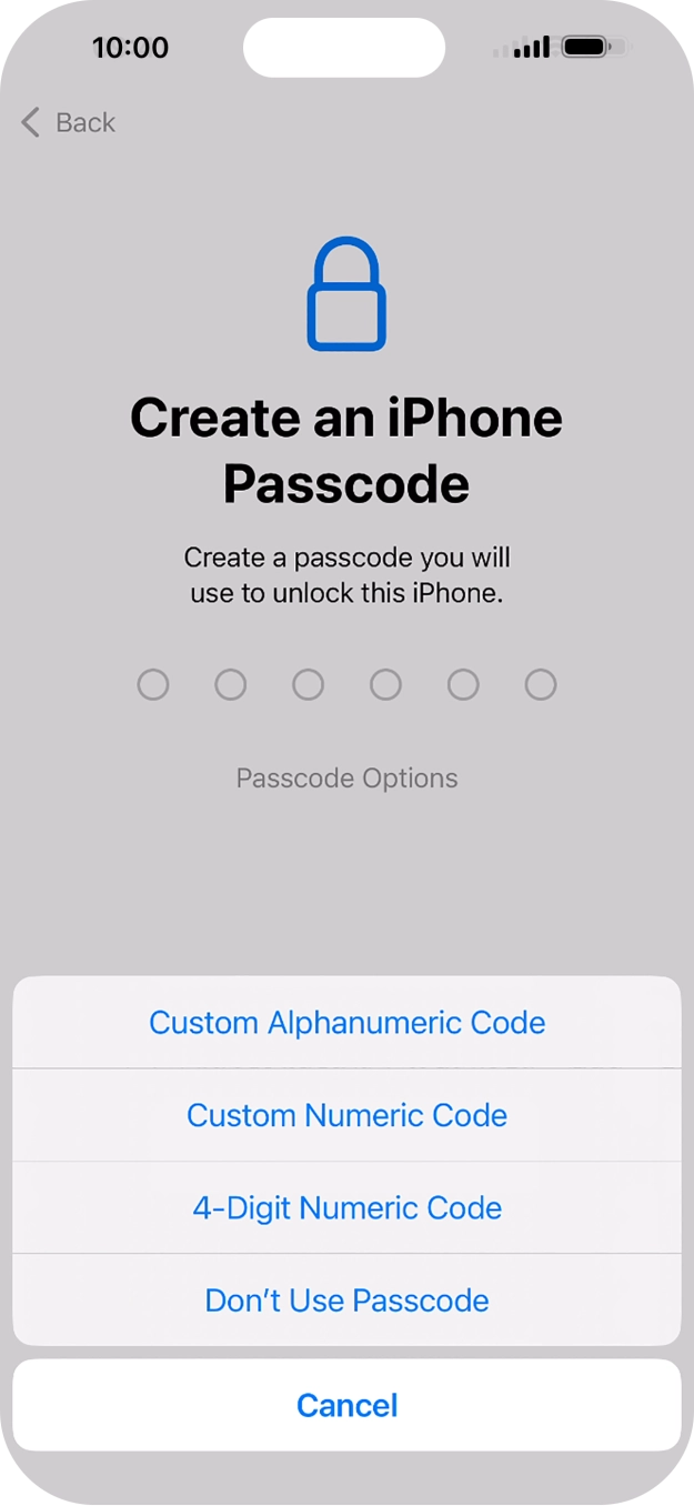 Follow the instructions on the screen to turn on the lock code or press Don't Use Passcode.