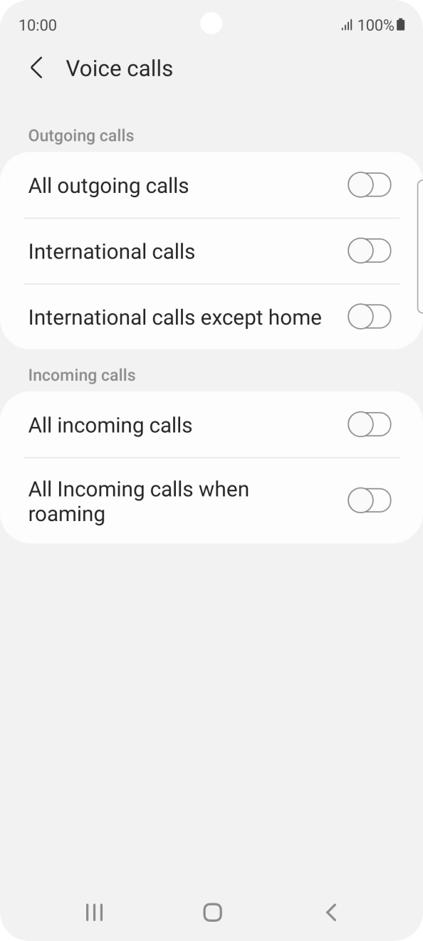 Press the indicator next to the required barring type to turn the function on or off. Press the indicator next to the required barring type to turn the function on or off.
