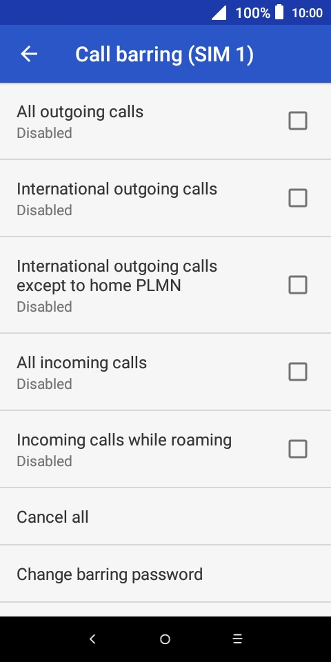 Press the field next to the required barring type to turn the function on or off.