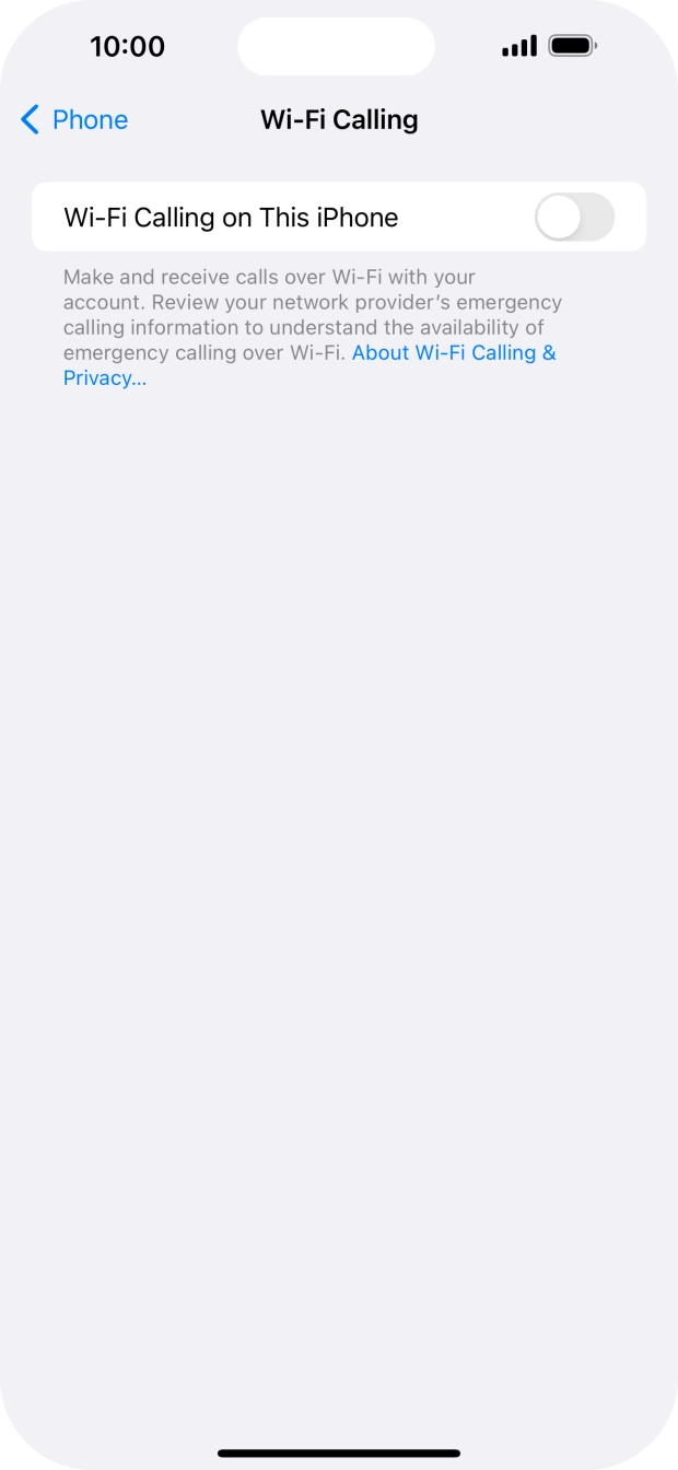 Press the indicator next to 'Wi-Fi Calling on This iPhone' to turn the function on or off. Press the indicator next to 'Wi-Fi Calling on This iPhone' to turn the function on or off.